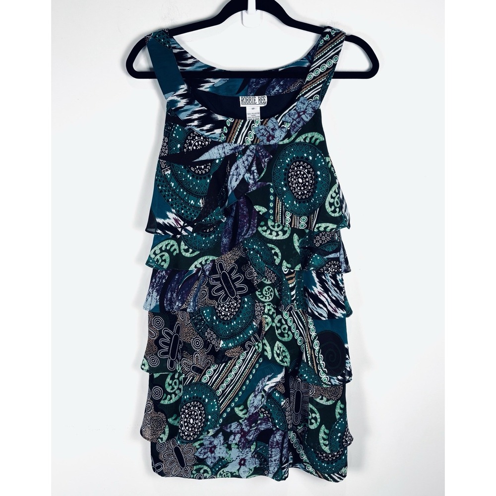 Robbie Bee 8P Tiered Ruffled Halter Dress Geometric Multicolor Chiffon Knee